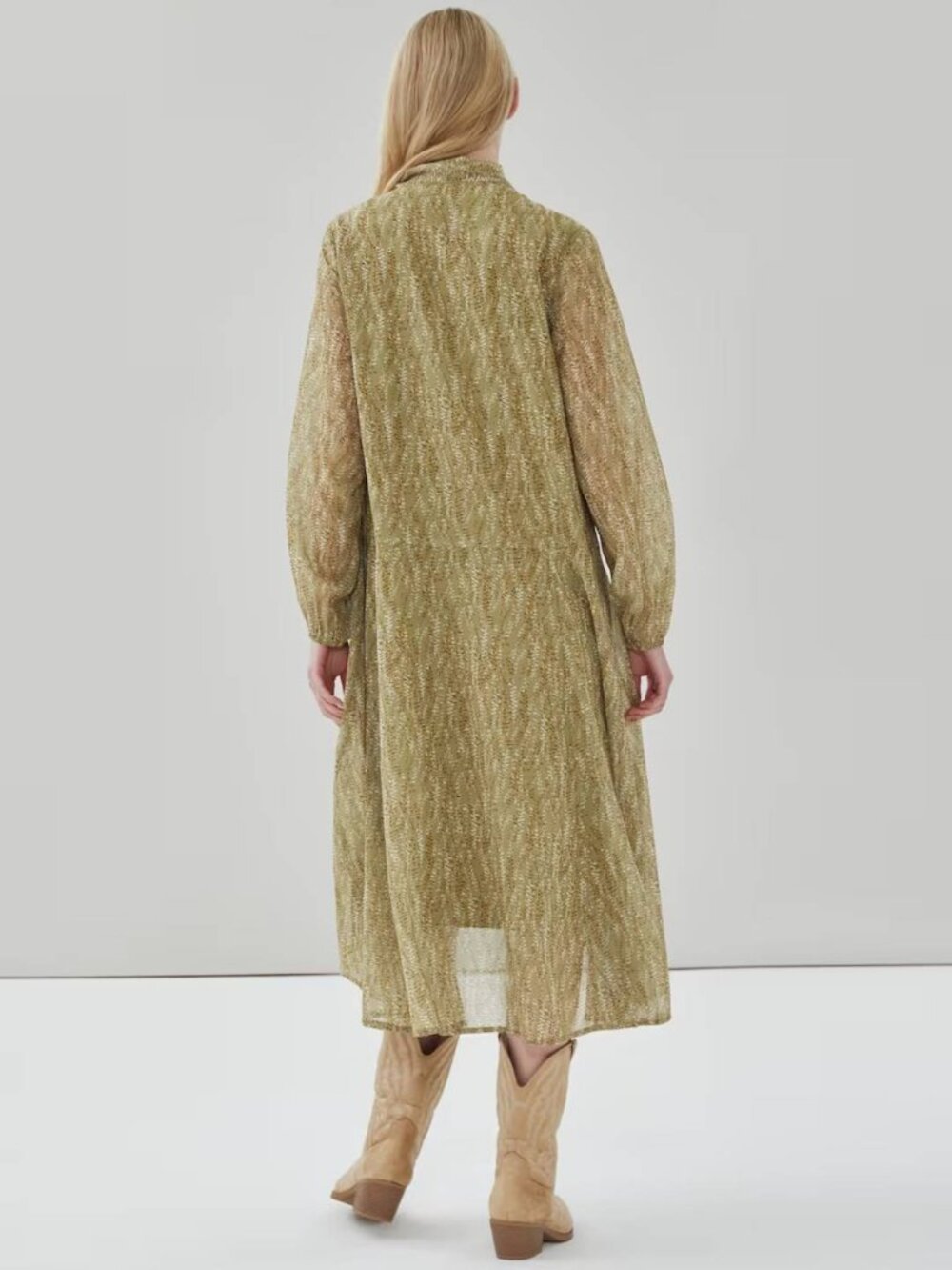 Joe Fresh Patterned Flowy Chiffon Maxi Long Sleeves Dress Necktie in Olive Green - Picture 2 of 4